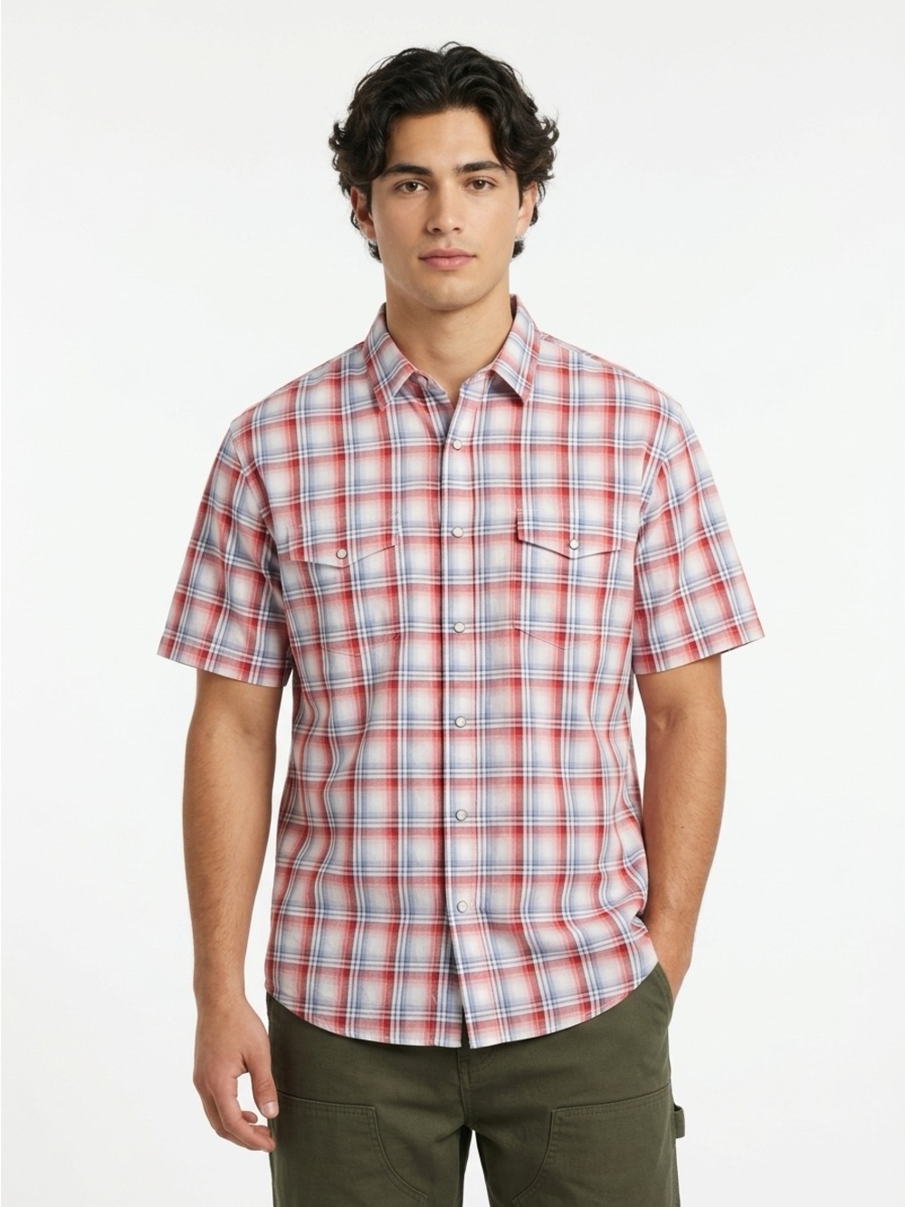 Panhandle Slim Short Sleeve Pearl Snap Plaid Red White Blue 5XT
